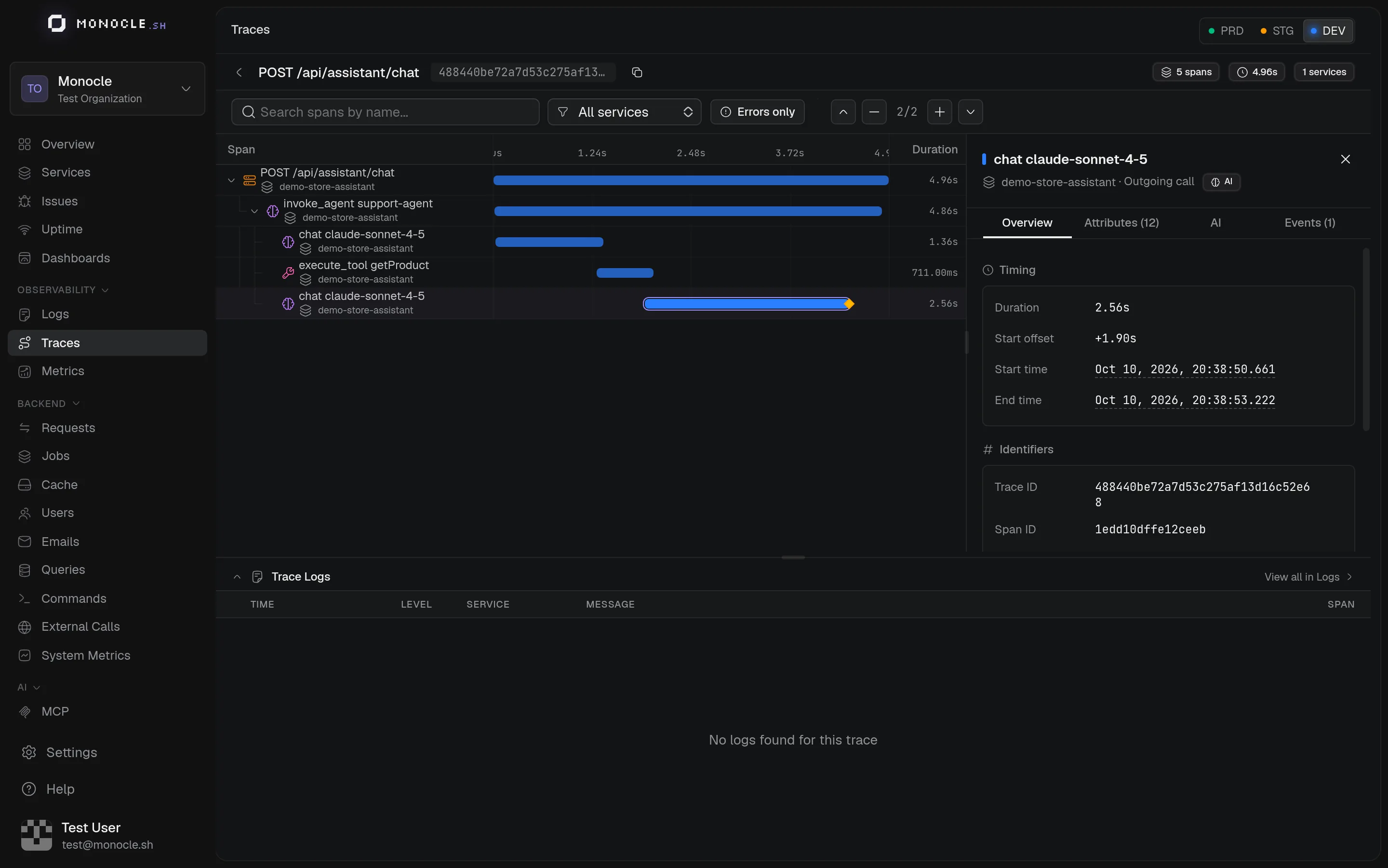 Trace of an AI agent run with the AI tab of a chat span open