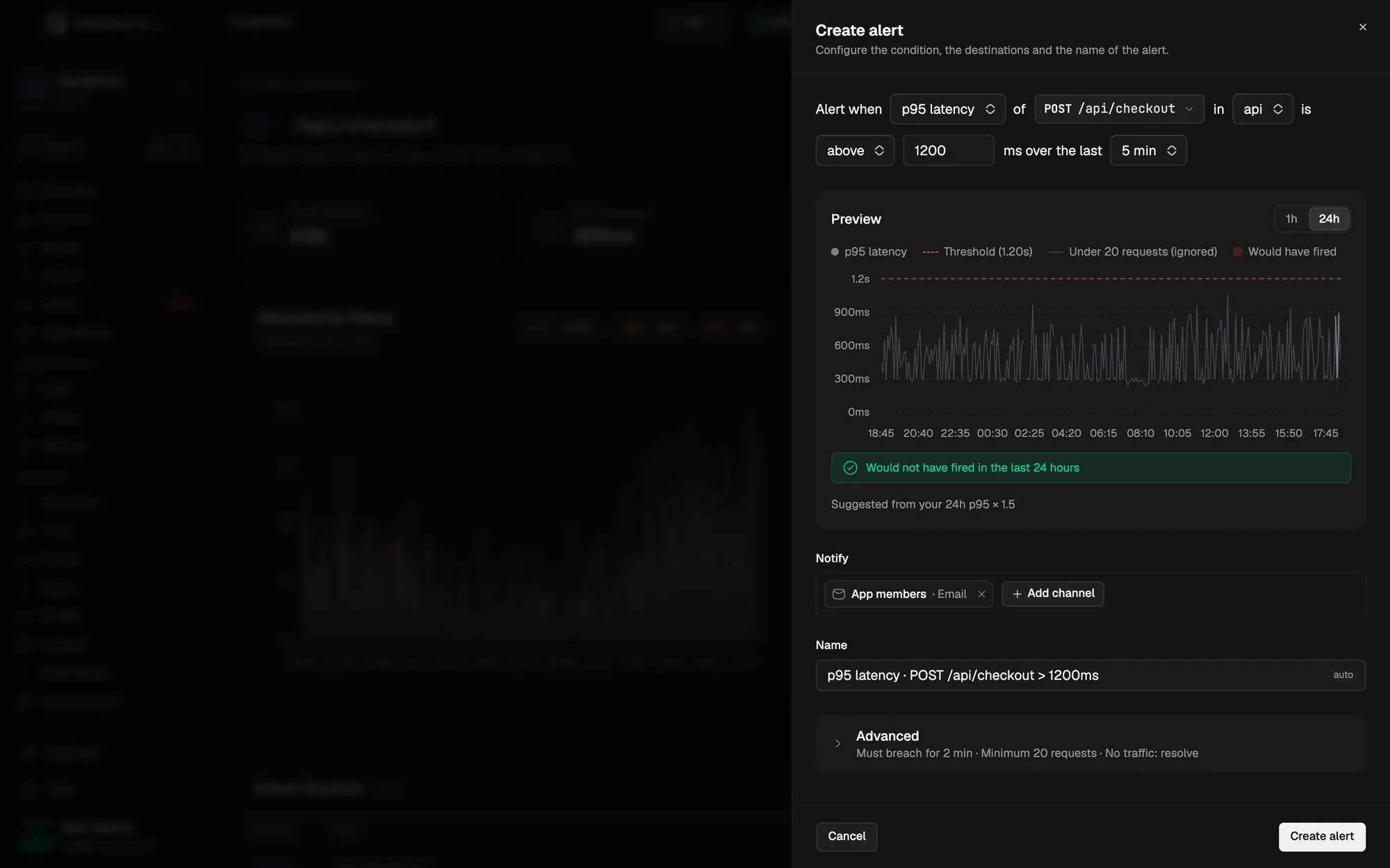 Creating an alert on POST /api/checkout, with the preview of the last 24 hours