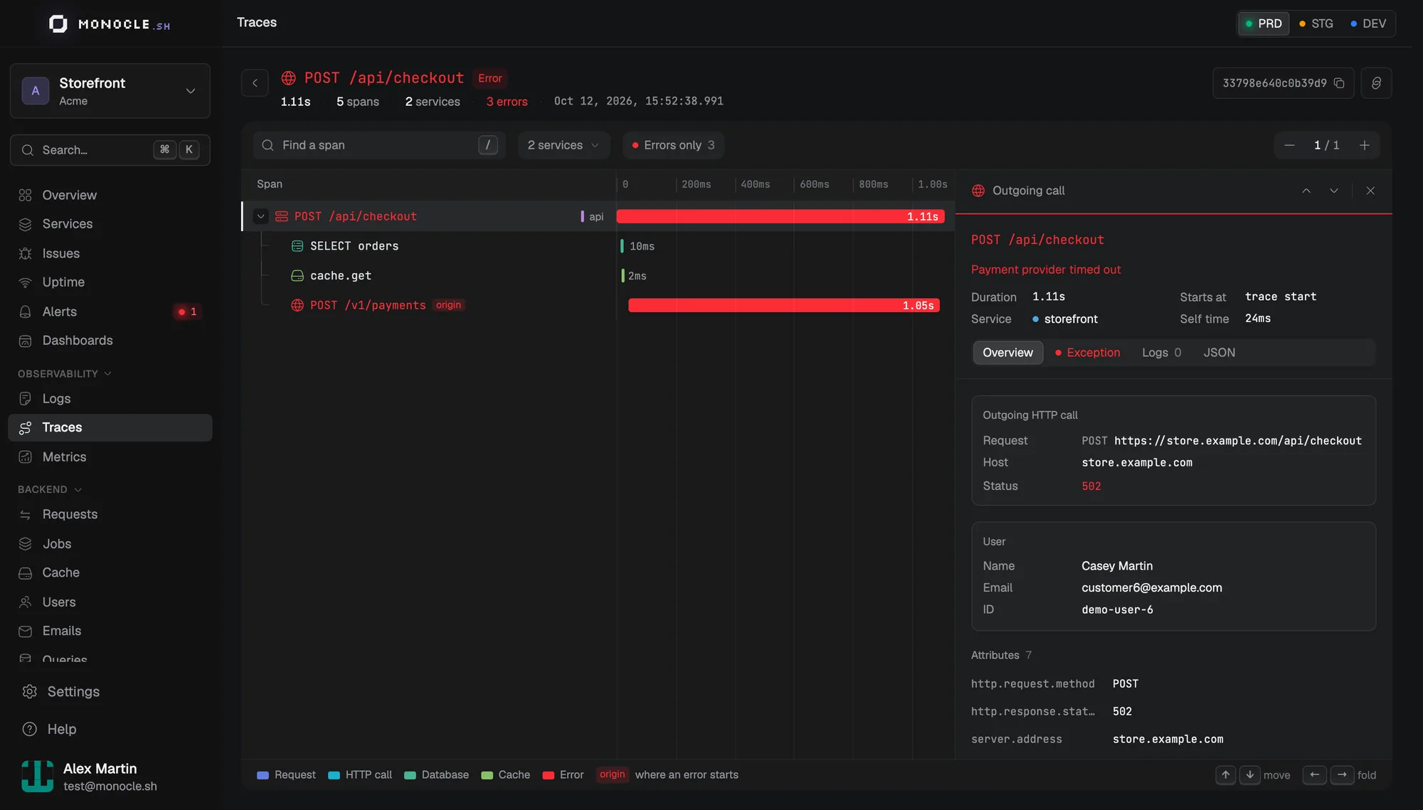 A trace that starts with a fetch in the browser and continues in the API