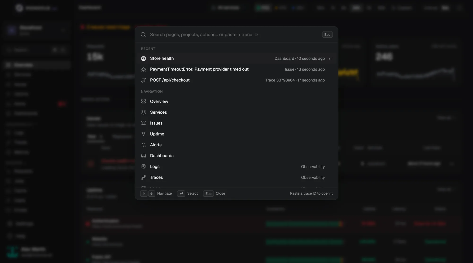 The command palette with recent items and navigation