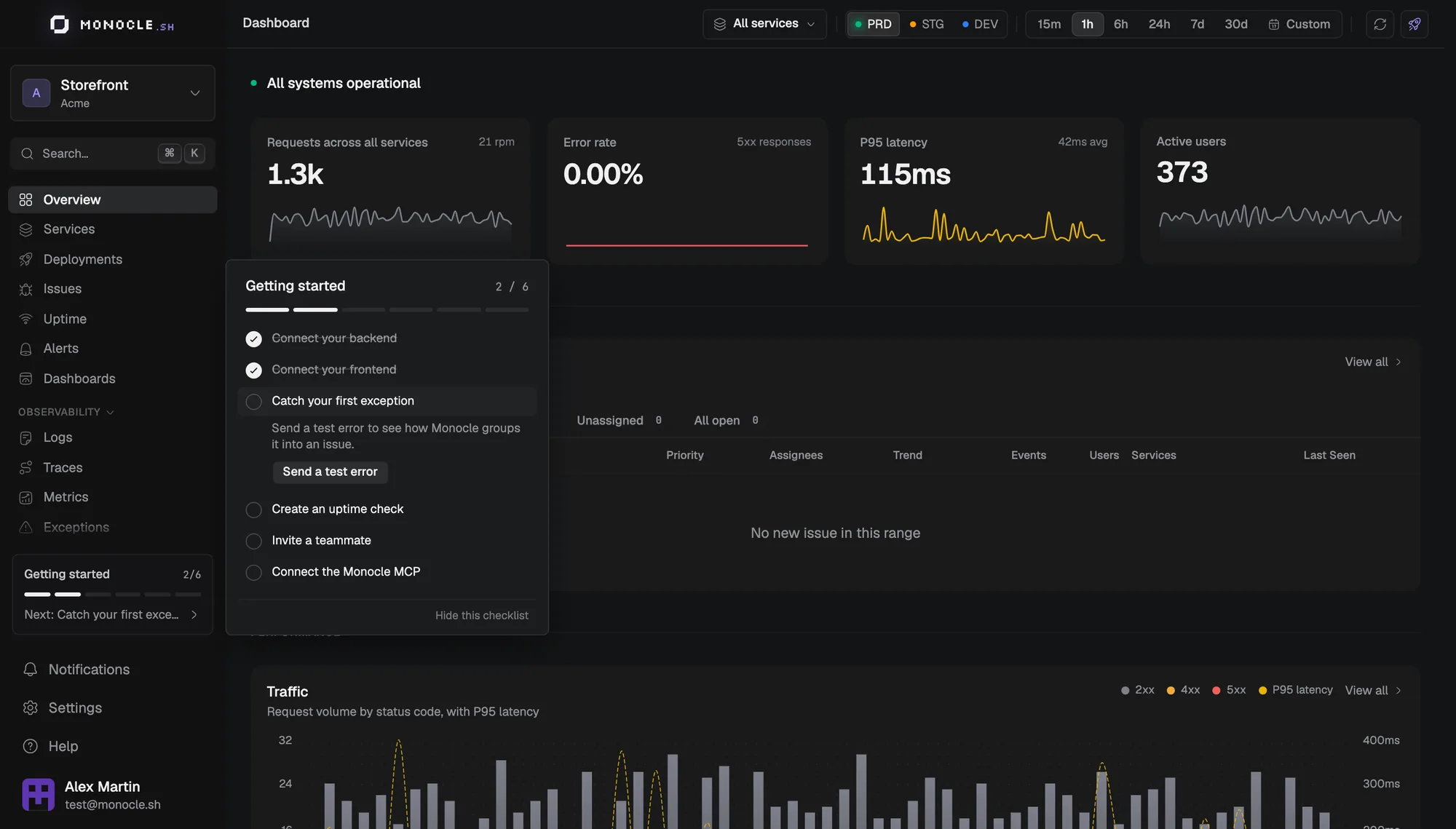 The Getting started checklist with the backend and frontend connected
