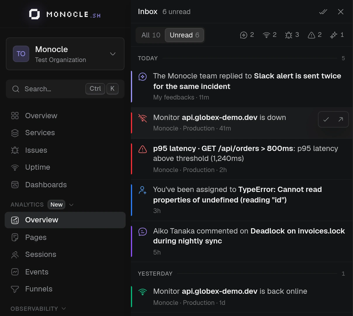 The notification inbox with issue updates, alerts, and a feedback reply