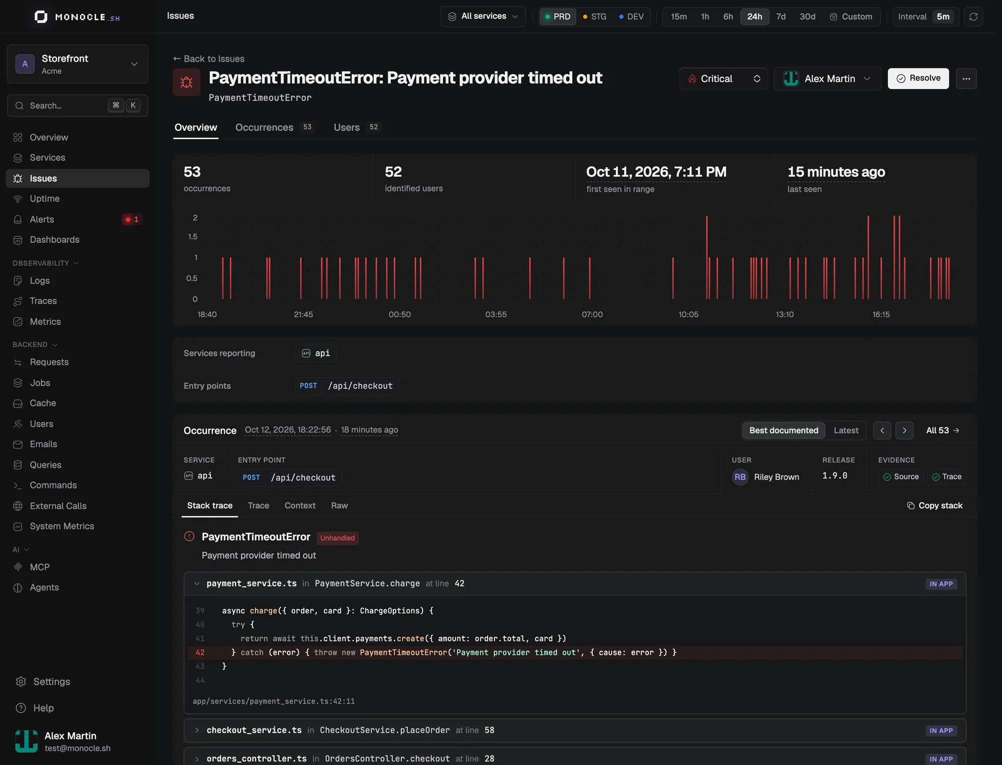An issue page with its timeline, entry points, and an occurrence stack trace