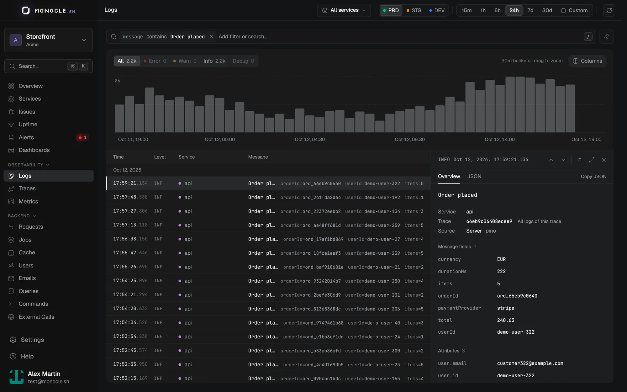 The Logs explorer with a filter and a JSON log open in the panel