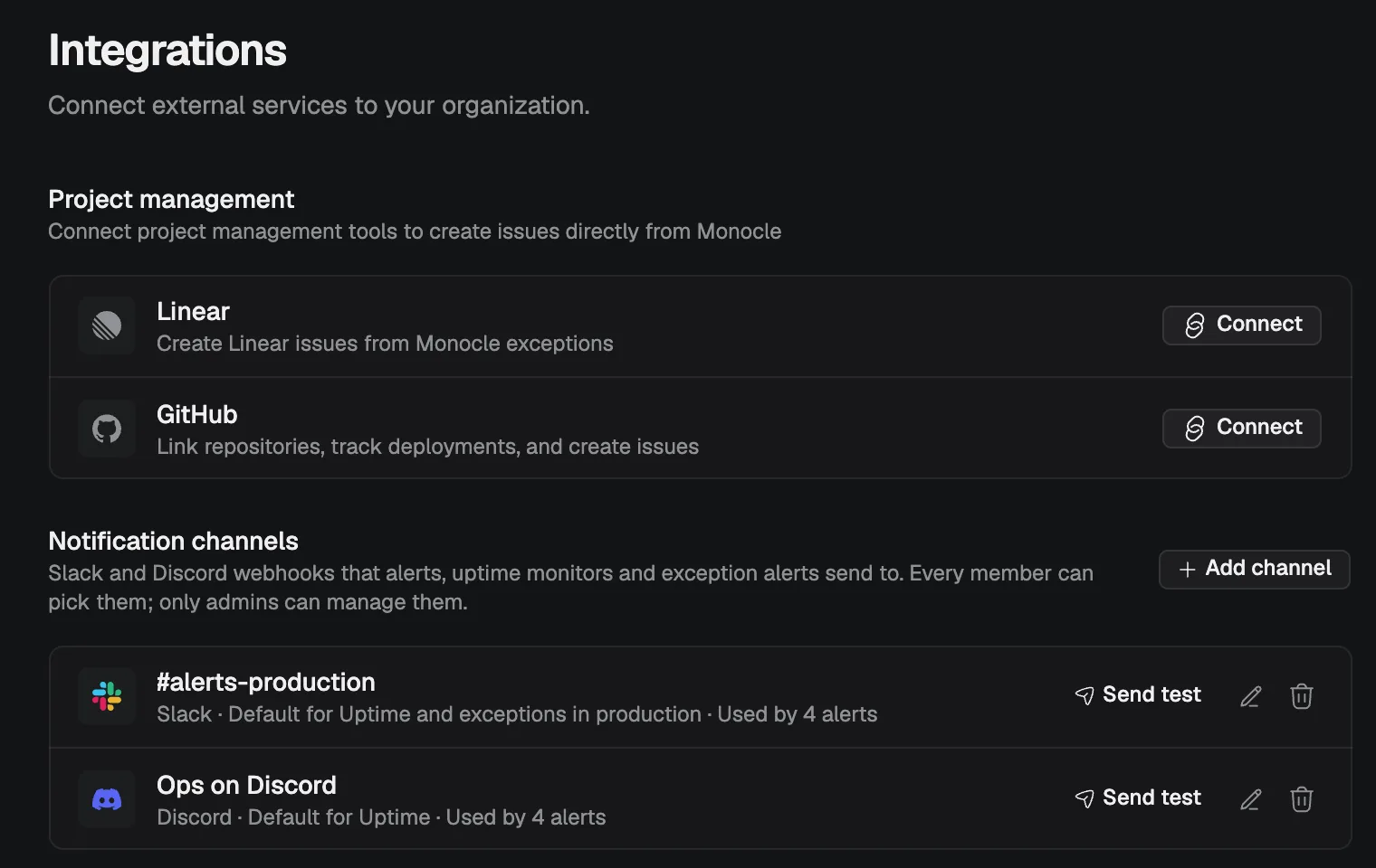Slack and Discord notification channels in the organization settings