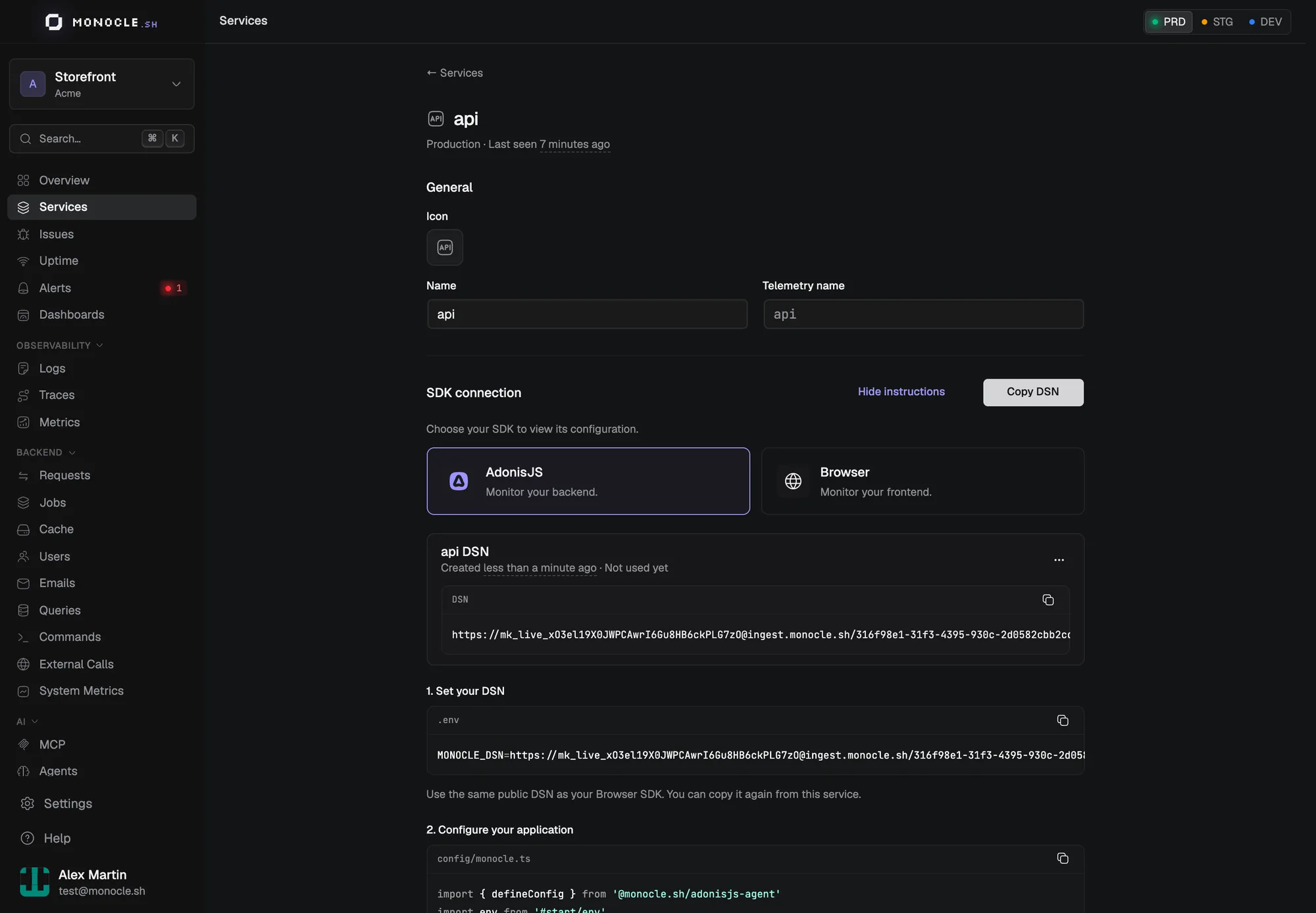A service page with its DSN and the AdonisJS setup instructions