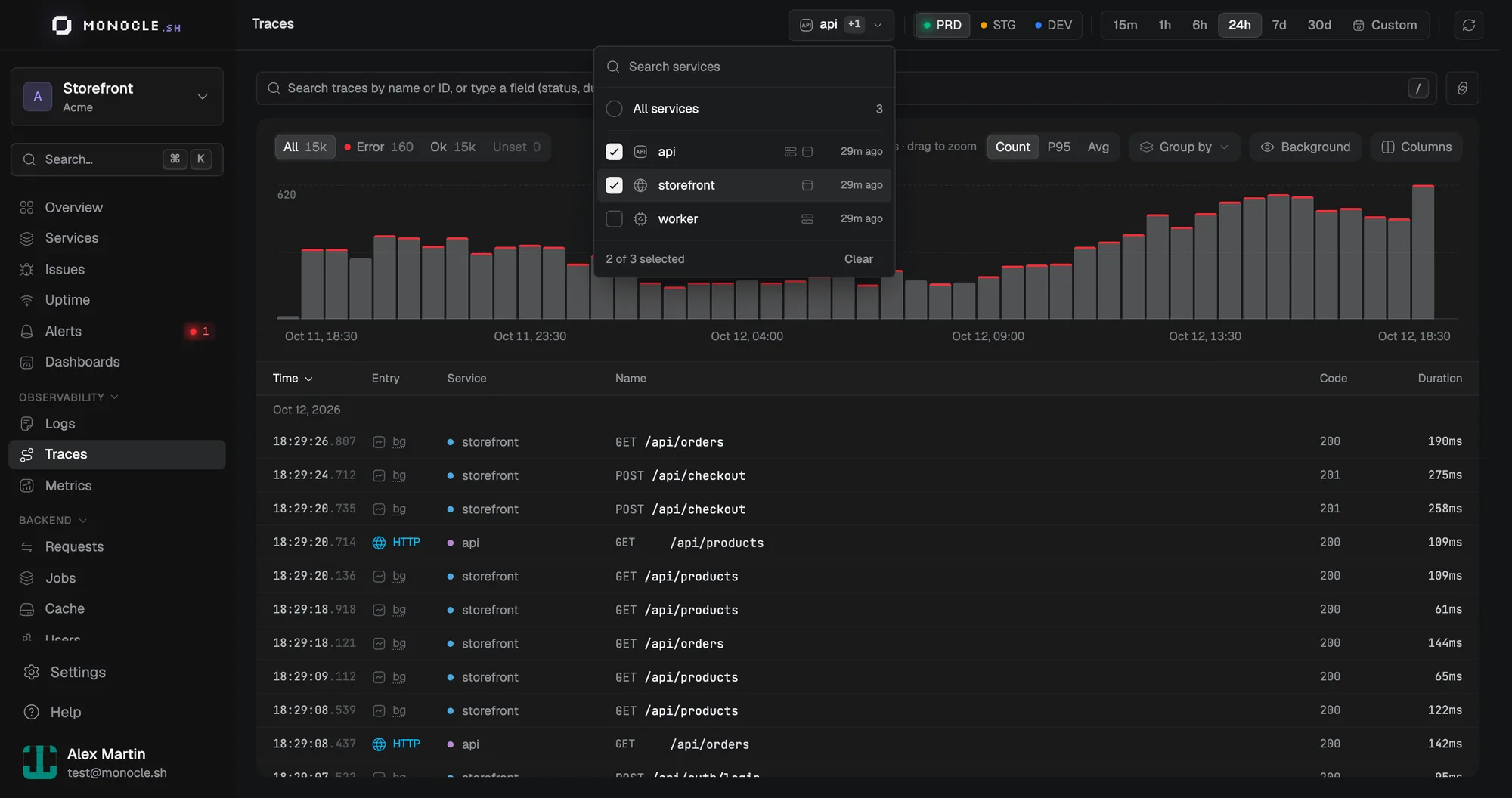 The service selector open on the Traces page, with api and storefront selected