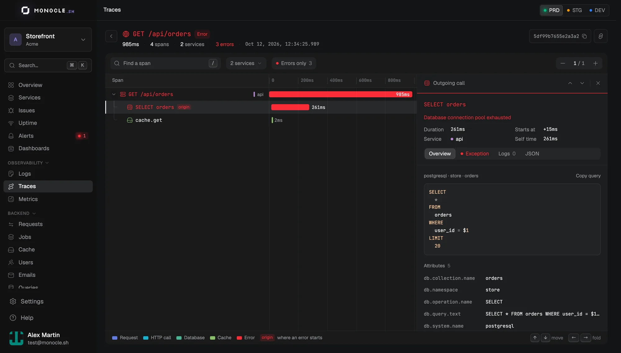 A failed trace with the span panel open on a SQL query