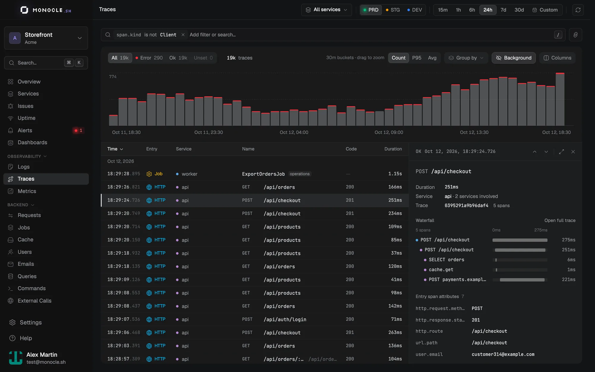 The Traces explorer with the entry point column and a trace preview