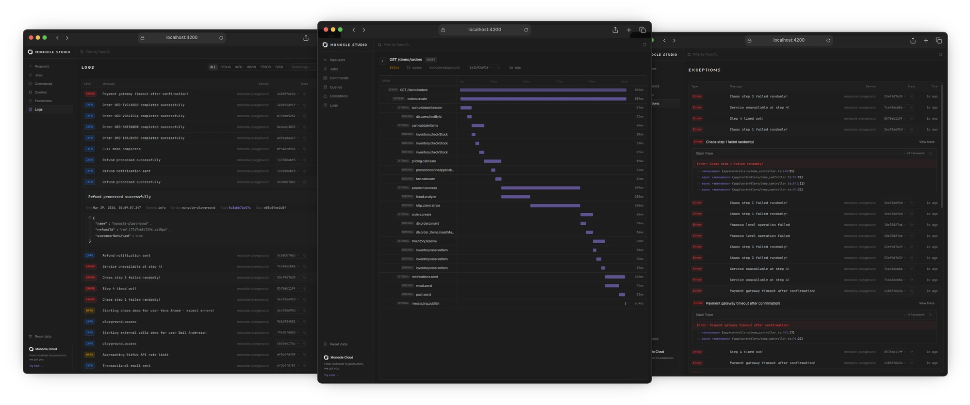 Monocle Studio, local observability dashboard showing trace waterfall, logs, and exceptions