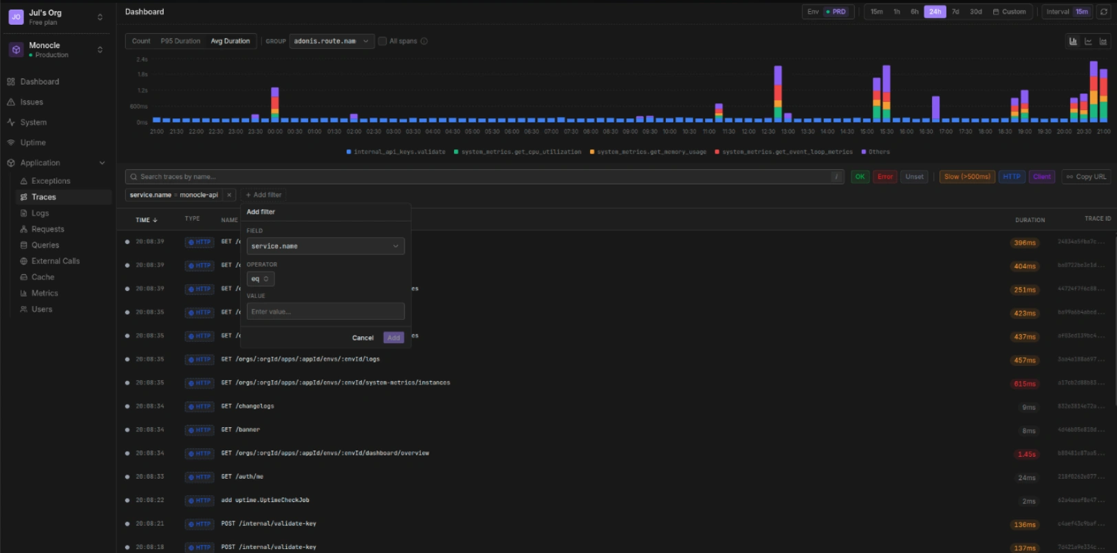 Monocle traces explorer with filters